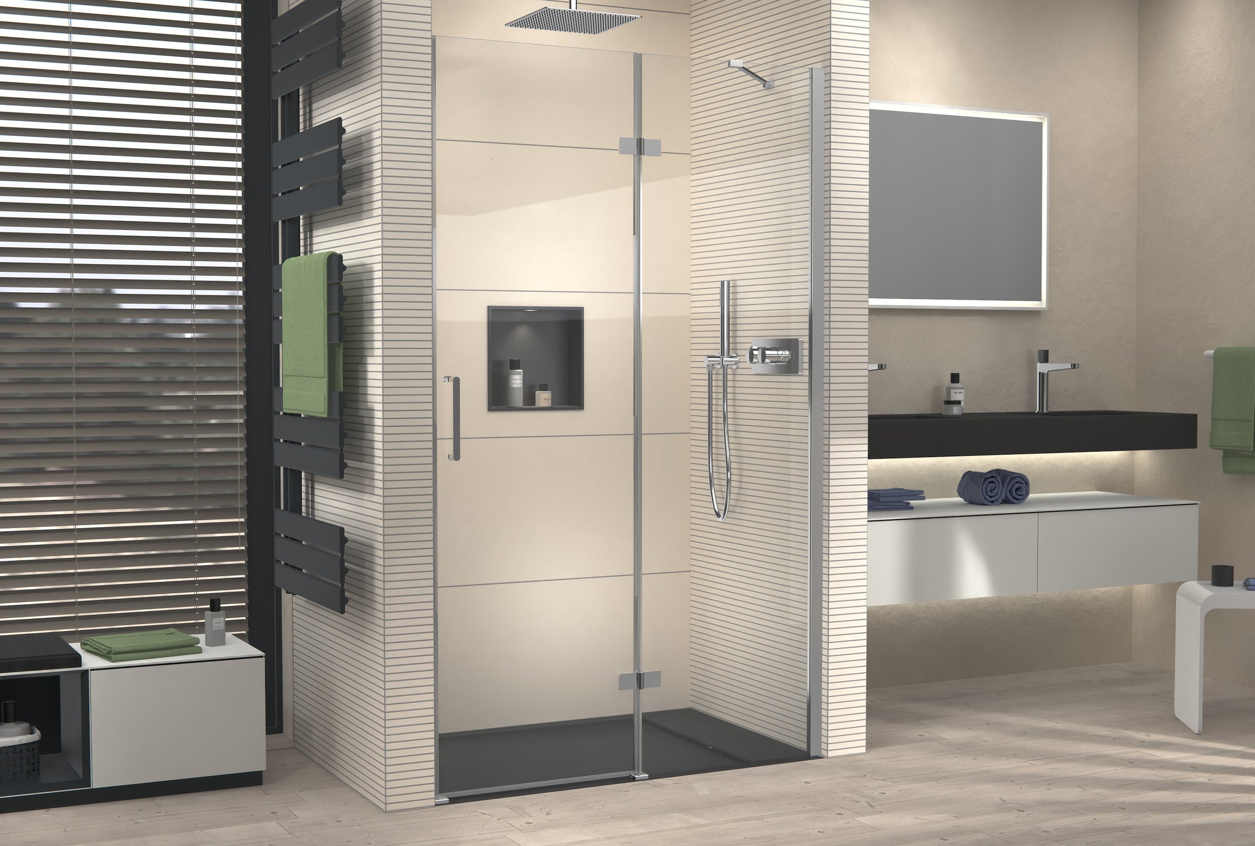 Niche shower with revolving door on fixed panel NT403 - 8 mm nano clear glass - door hinge RIGHT - width selectable