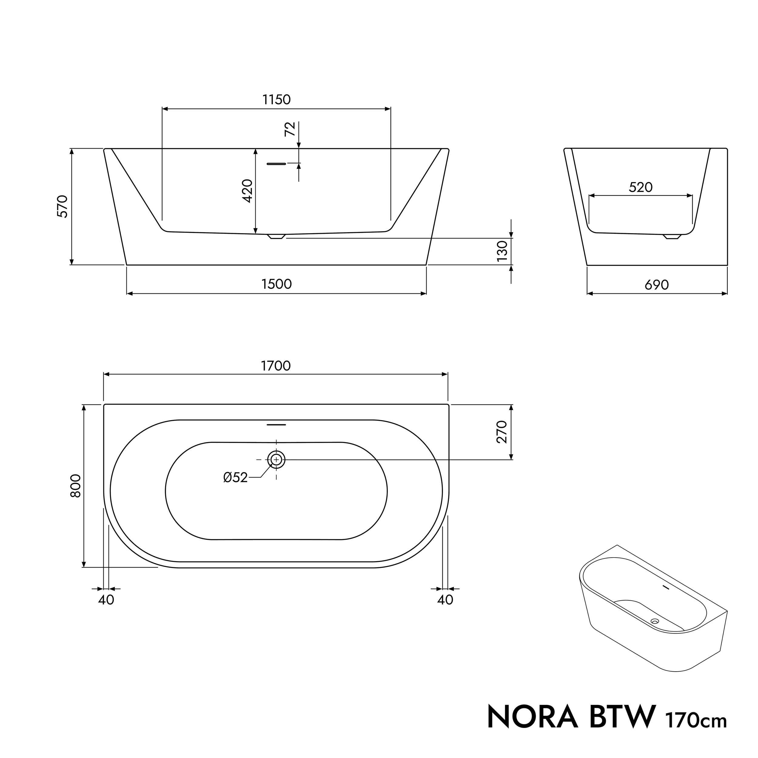 Halb freistehende Badewanne NORA