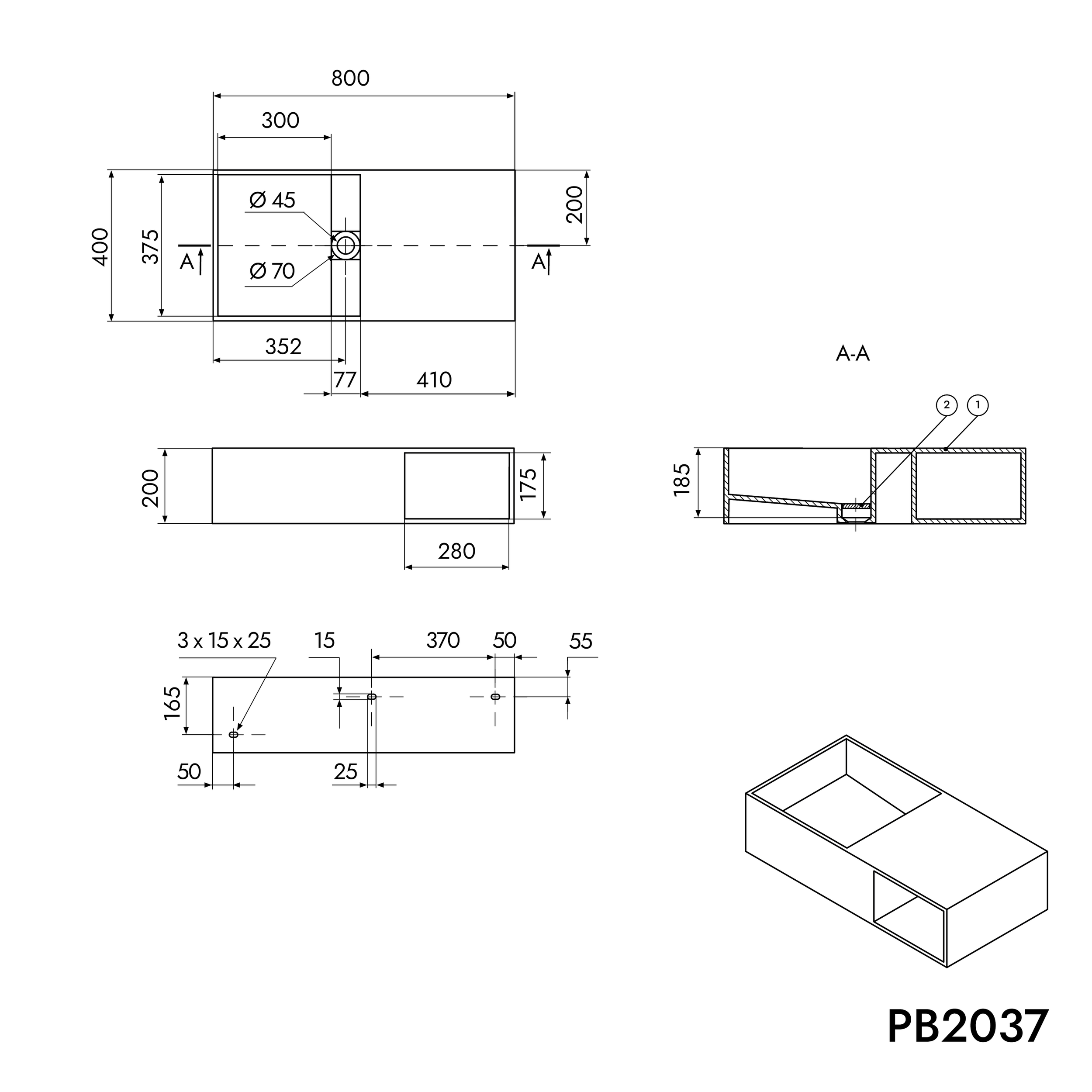 Wall-mounted washbasin PB2037 in mineral cast