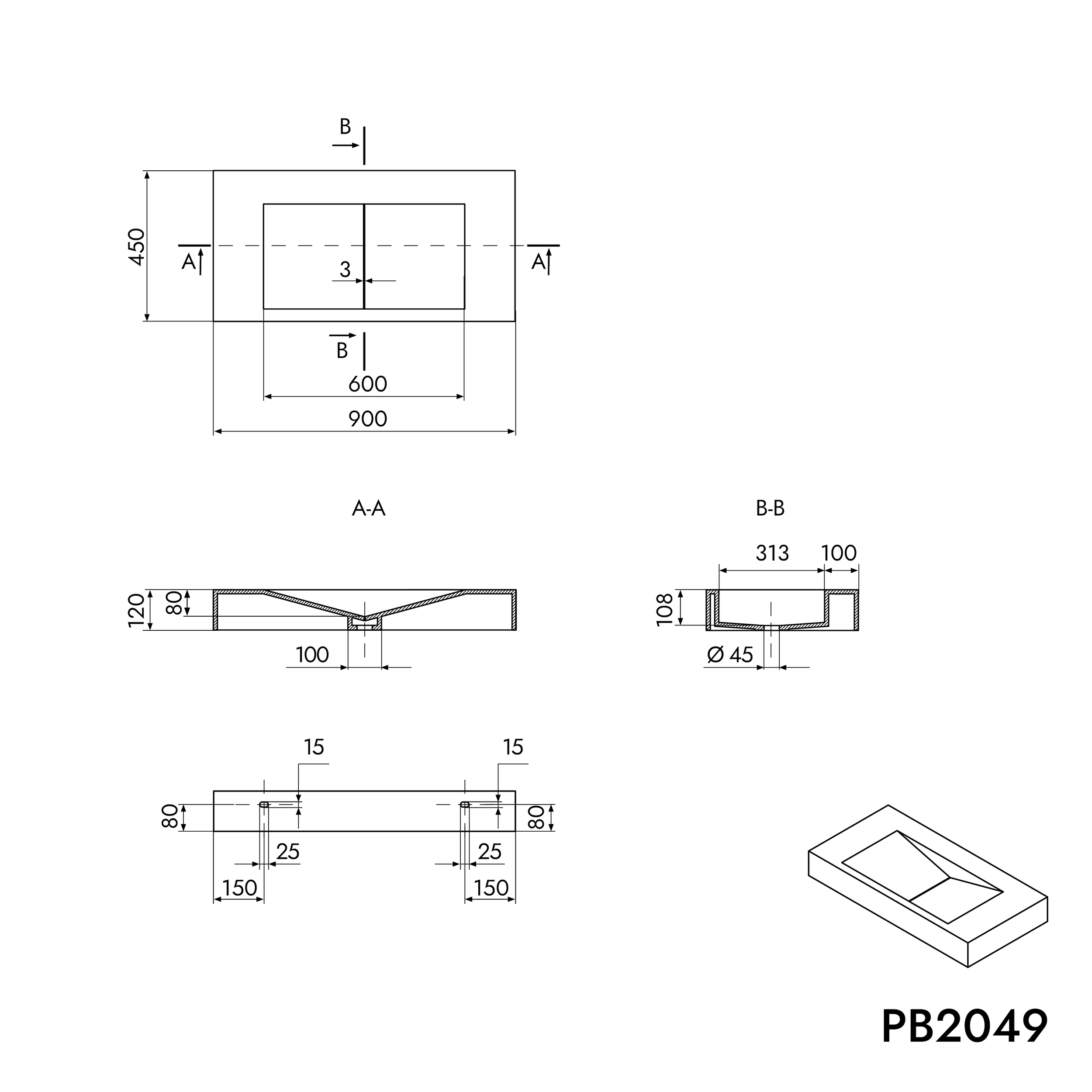 Mineral cast wall-mounted washbasin PB2049