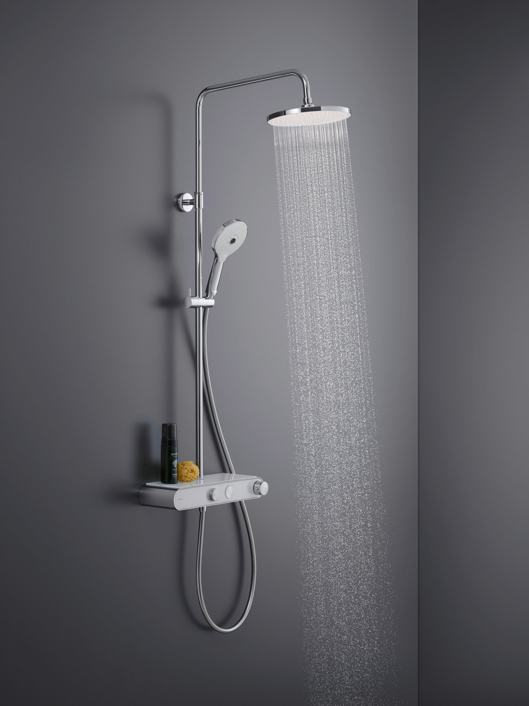 Duravit Shower System, with thermostat and glass shelf, incl. hand shower with 3 spray modes - chrome/white