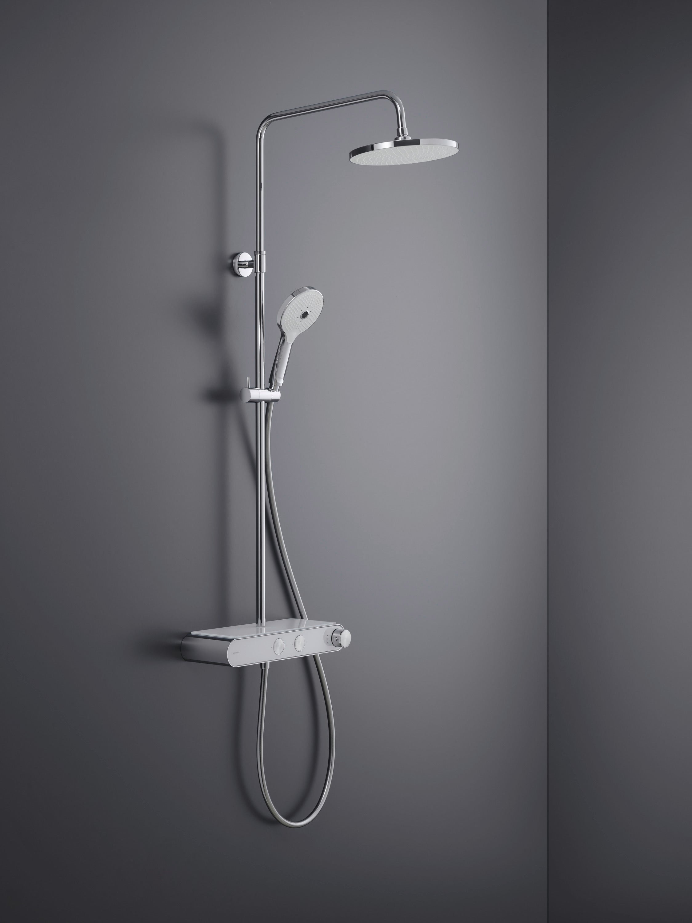 Duravit Shower System, with thermostat and glass shelf, incl. hand shower with 3 spray modes - chrome/white