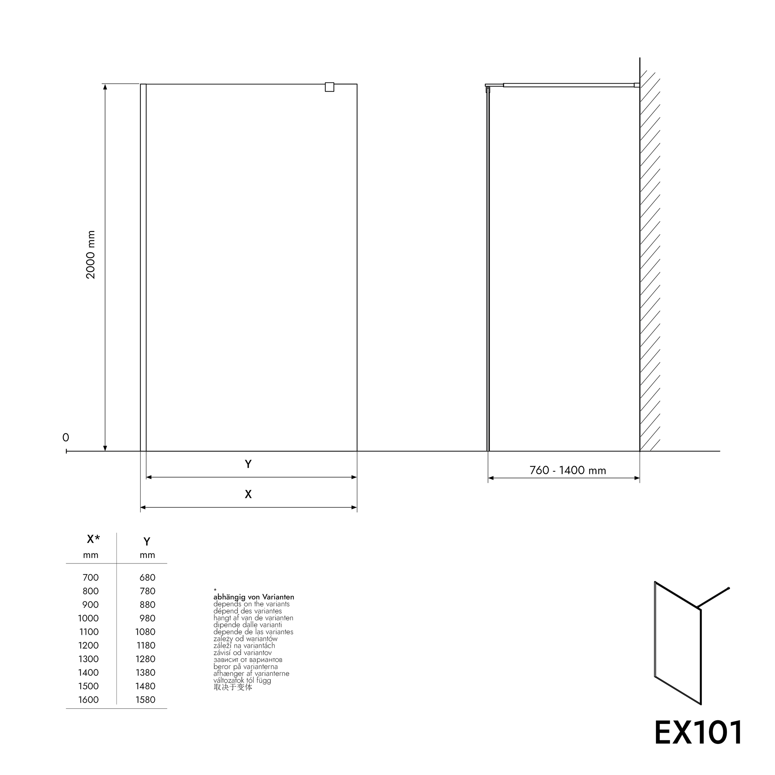 Duschabtrennung Walk-In Nano Echtglas EX101 - graues Glas - Breite wählbar