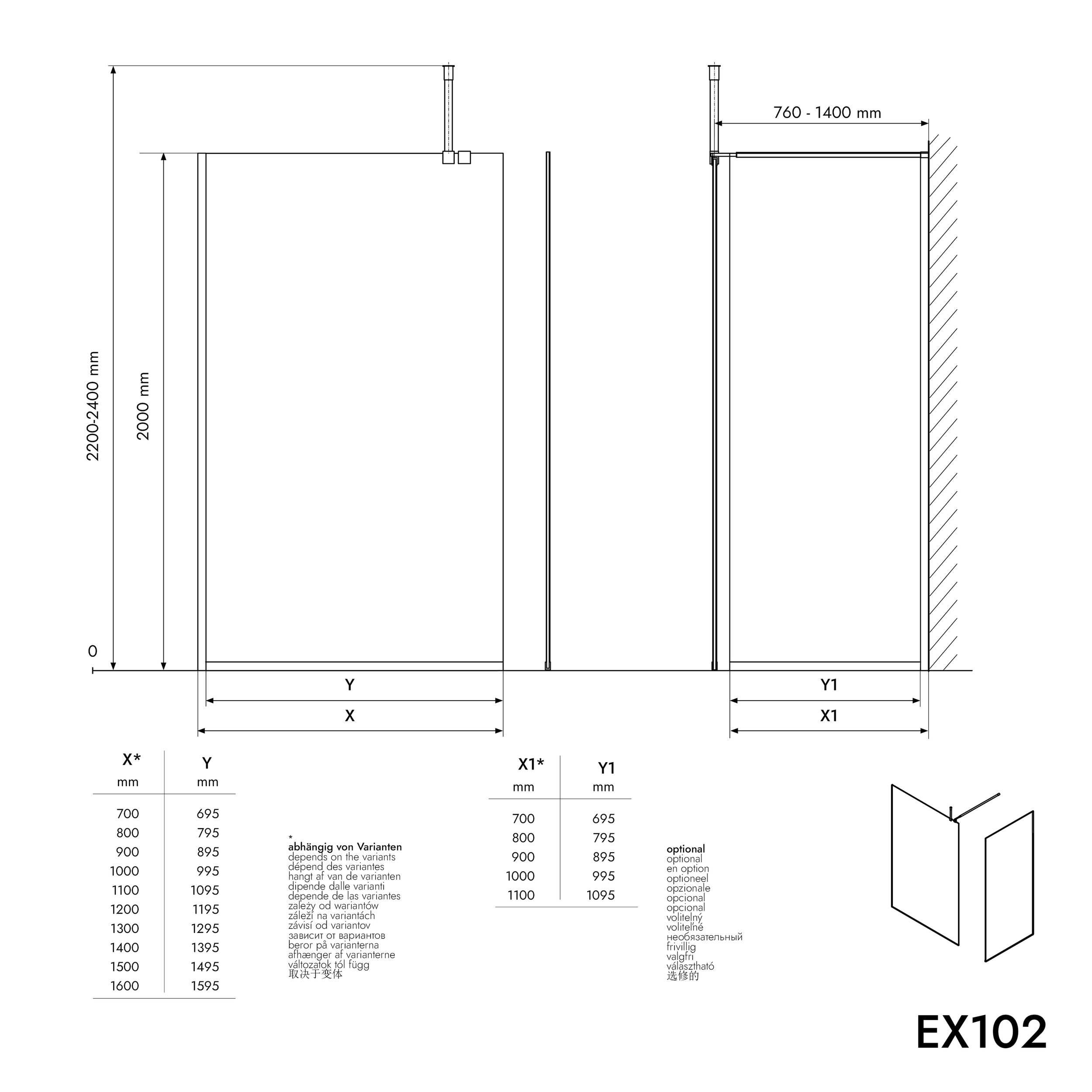Walk-in Shower enclosure 10mm nano grey glass EX102 - 1 glass wall stainless steel profile matt black - width selectable