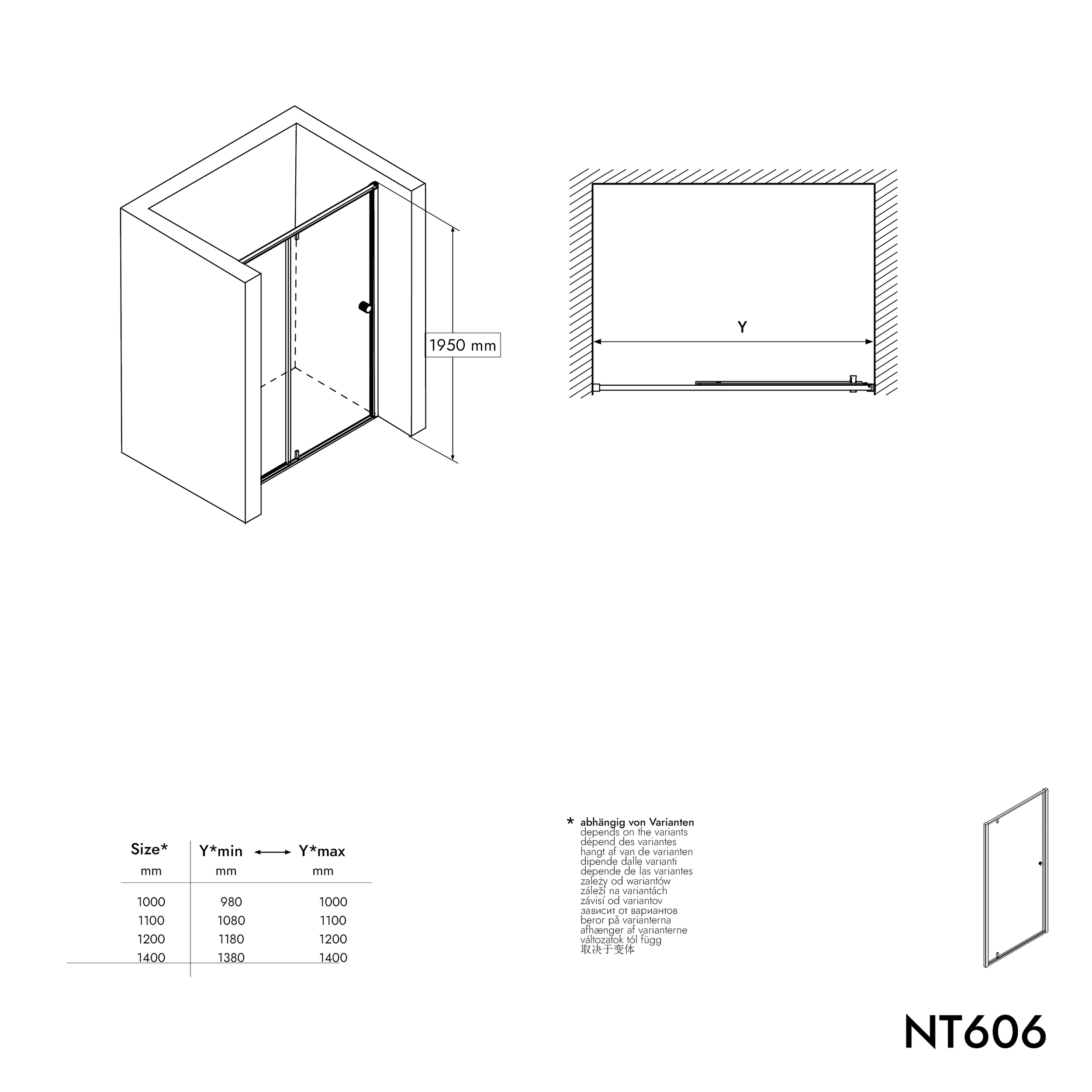 Nischendusche mit Drehtür an Festfeld NT606 FLEX - 6 mm Nano Klarglas - Profilfarbe wählbar