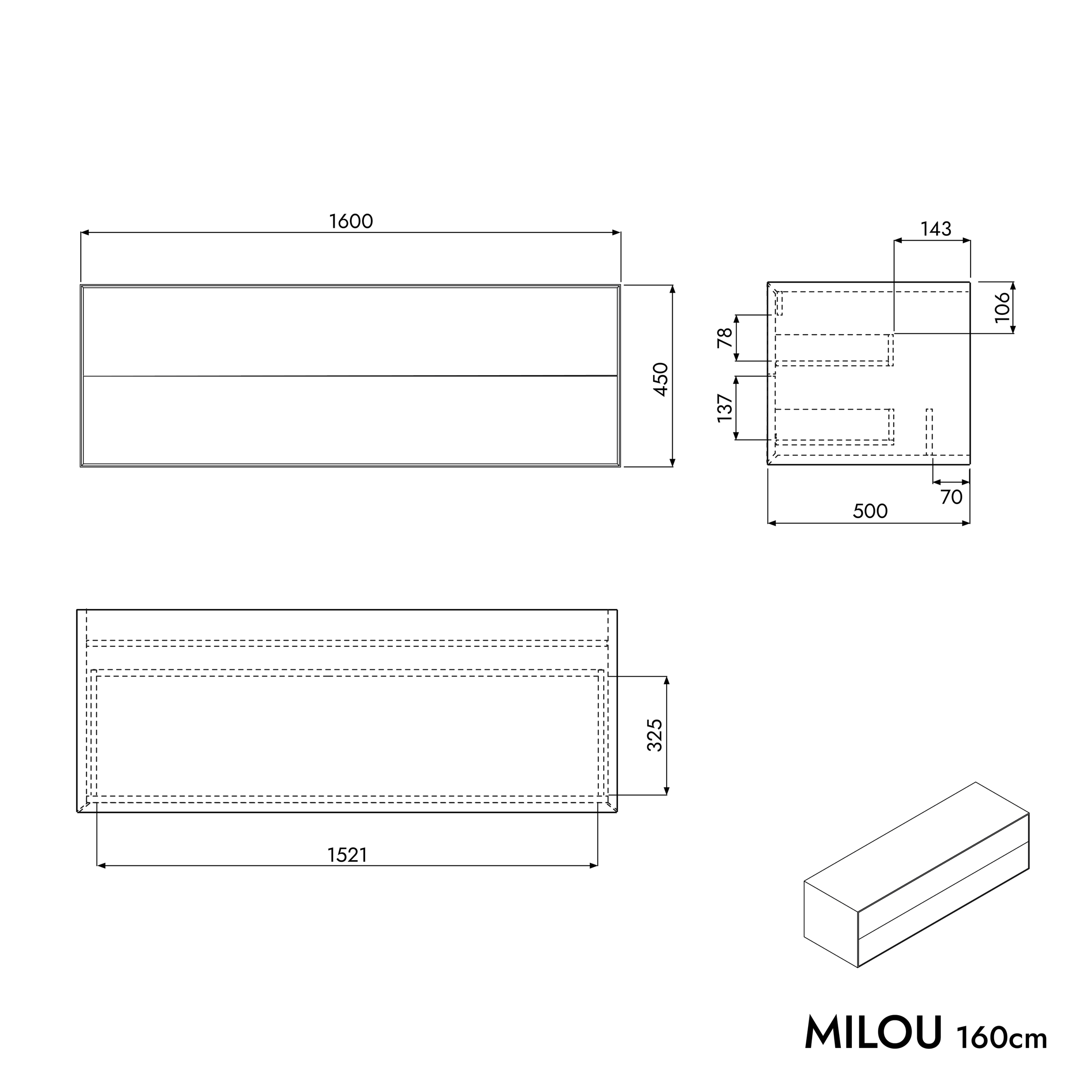 Unterschrank MILOU 160 cm für Aufsatzwaschbecken - 2 Schubladen